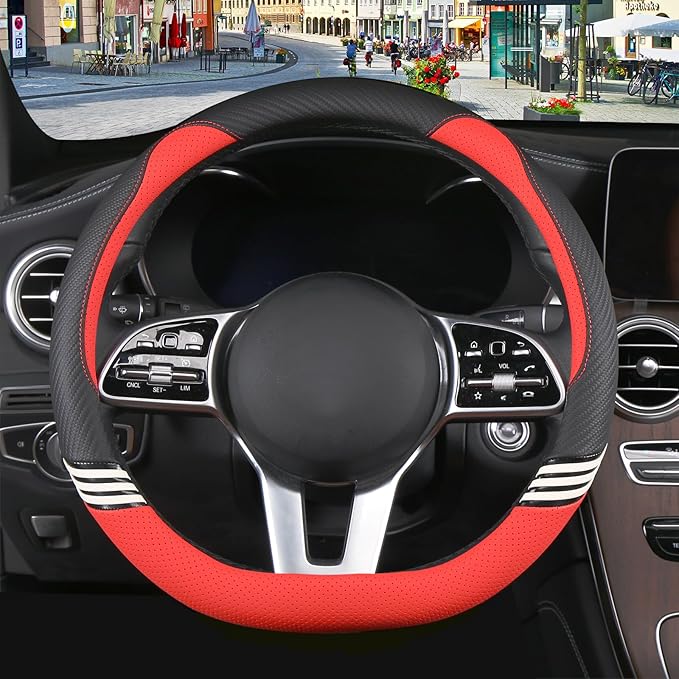 Cute Steering Wheel Cover D Shape for Women Men Breathable Universal 15 inch,Black and Red
