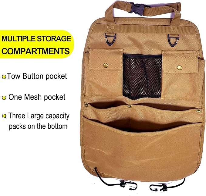 BEATUNEE Car Seat Back Organizer with Multiple Pockets and Hooks (brown)
