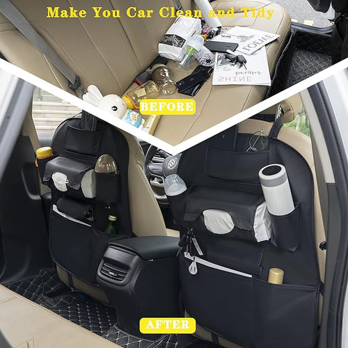 Backseat Car Organizer, PU Leather Car Seat Back Organizer Travel Storage Bag Holder Pocket Kick Mats Back Seat Protector Car Back Seat Organizer for Kids, Universal Car Travel Accessories