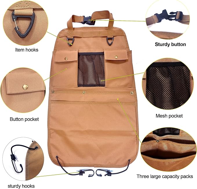 BEATUNEE Car Seat Back Organizer with Multiple Pockets and Hooks (brown)