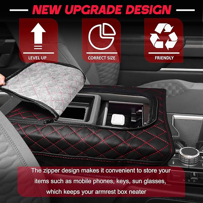 SENSHINE Center Console Armrest Cover for Toyota Tundra 2022-2026/Sequoia 2023-2026 Armrest Seat Stroage Box Cushion Lid Protector Pad with Zipper Leather Interior Accessories, Red Stitches