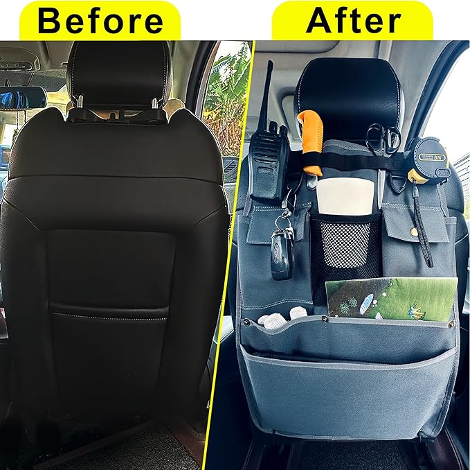 BEATUNEE Car Seat Back Organizer with Multiple Pockets and Hooks (grey)