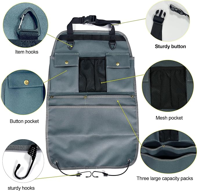 BEATUNEE Car Seat Back Organizer with Multiple Pockets and Hooks (grey)
