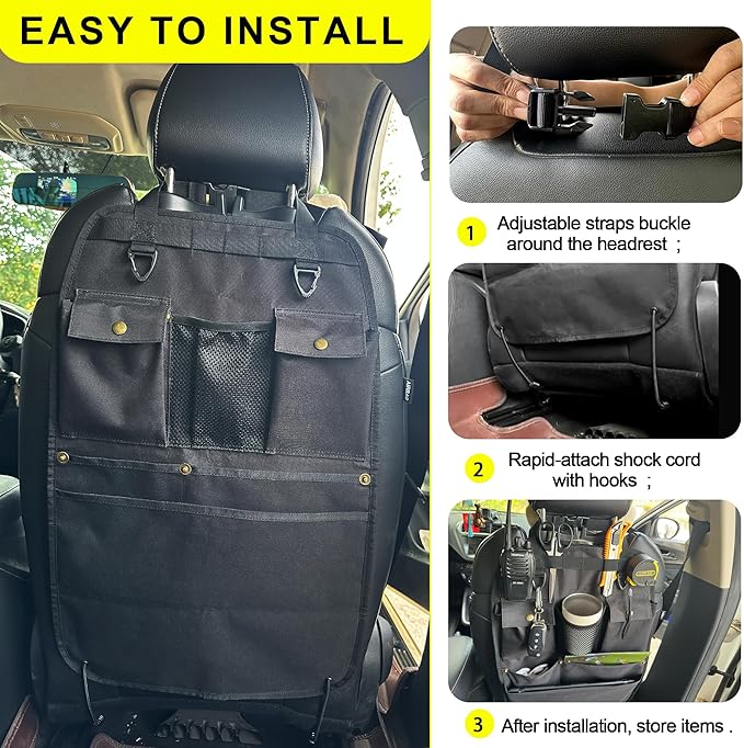 BEATUNEE Black Car Seat Back Organizer with Multiple Pockets and Hooks