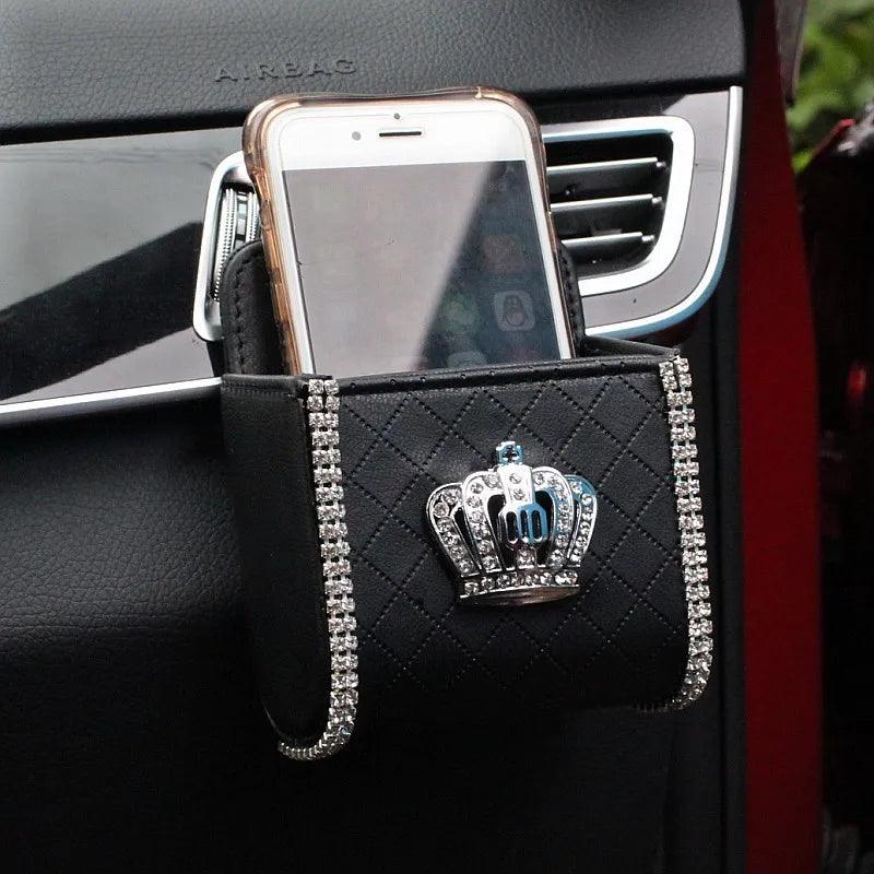 PU Leather Bling Rhinestone Crown Steering Wheel Cover - Black