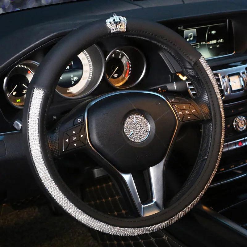 PU Leather Bling Rhinestone Crown Steering Wheel Cover - Black