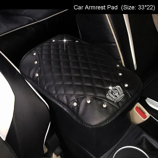 PU Leather Bling Rhinestone Crown Steering Wheel Cover - Black