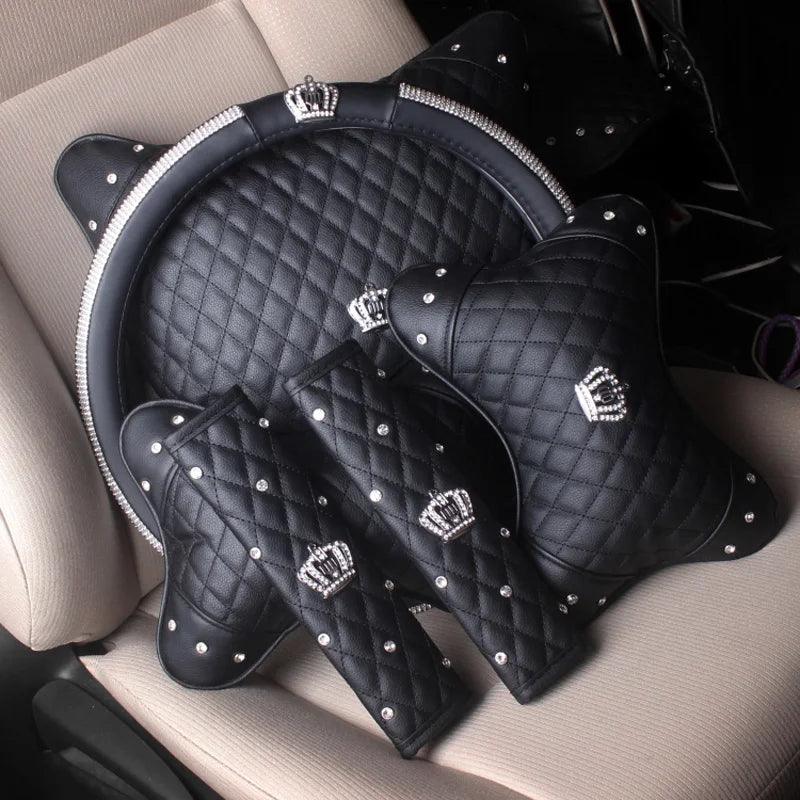 PU Leather Bling Rhinestone Crown Steering Wheel Cover - Black