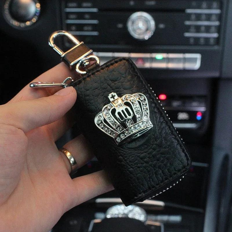 PU Leather Bling Rhinestone Crown Steering Wheel Cover - Black