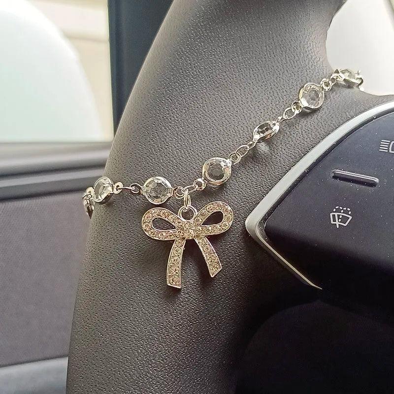 Rhinestone Bow Chain Steering Wheel Cover - Elegant Car Interior