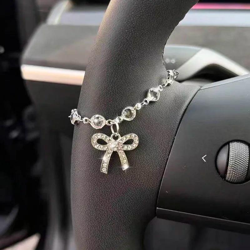 Rhinestone Bow Chain Steering Wheel Cover - Elegant Car Interior