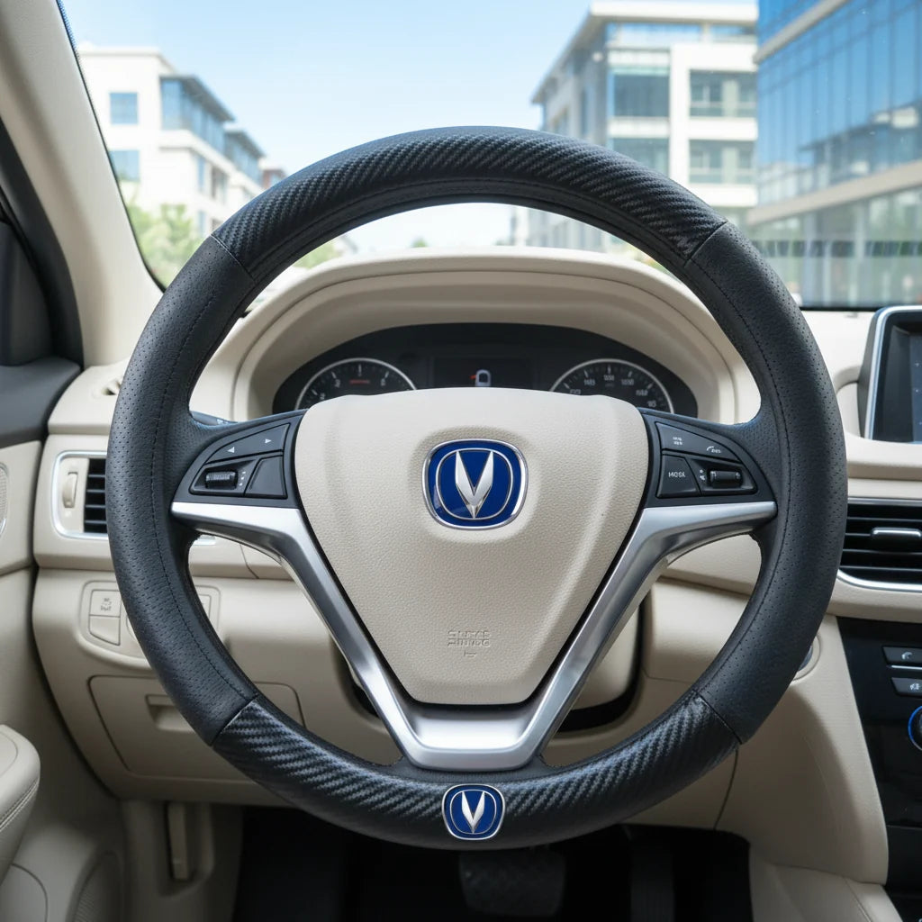 Changan Carbon Fiber Leather Steering Wheel Cover with 3D Logo