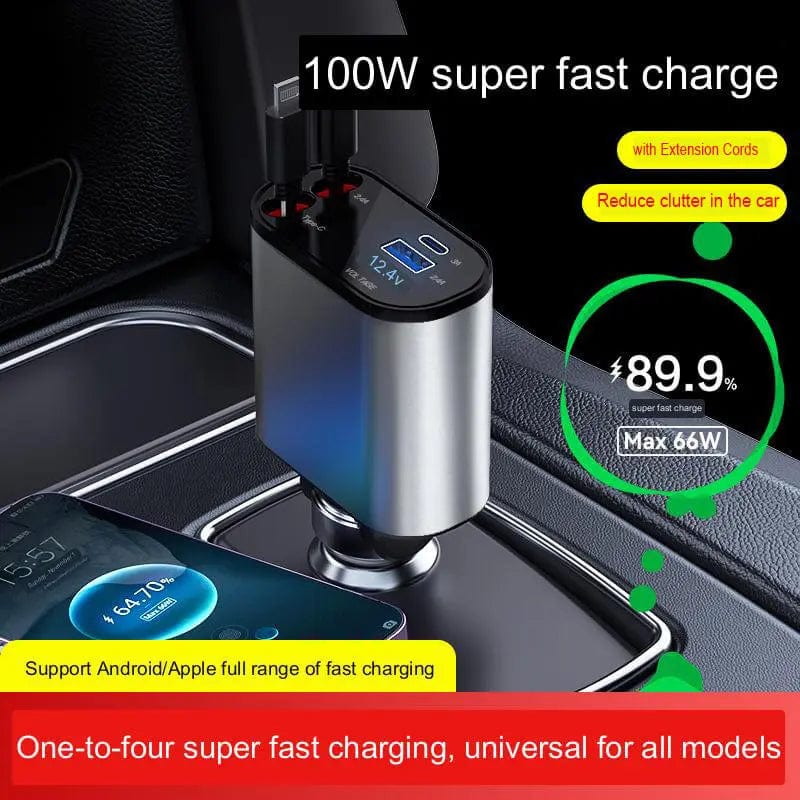 4-in-1 Retractable Super-Fast Car Charger, USB Type C Cable for iPhone & Samsung