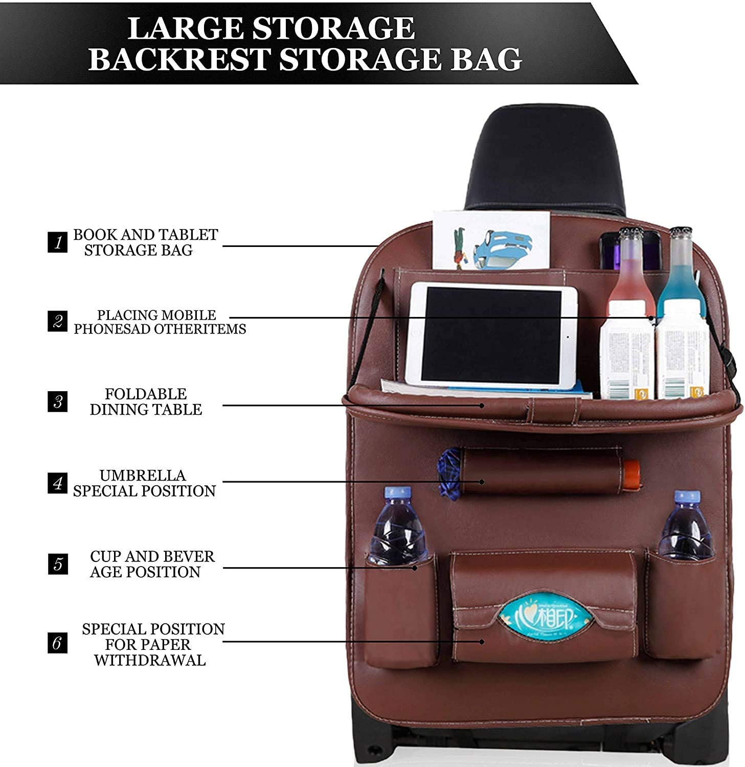 Car Back Seat Organizer Storage Bag with Foldable Table