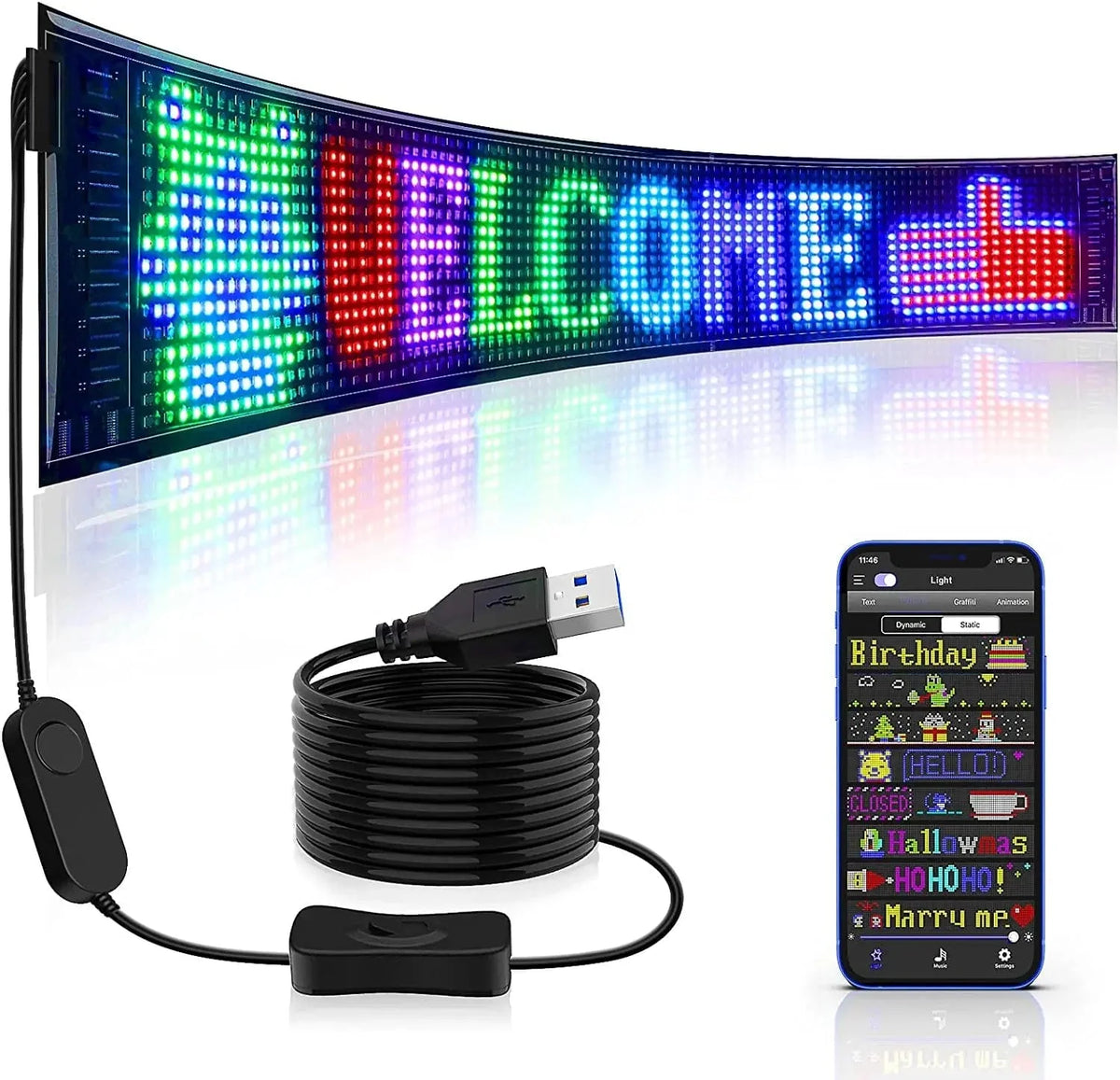 LED Car Sign, Programmable LED Matrix Panel, Flexible Screen Display Animation Message Scrolling Sign, APP Control for Cars, Shop, Bar, Party Festival
