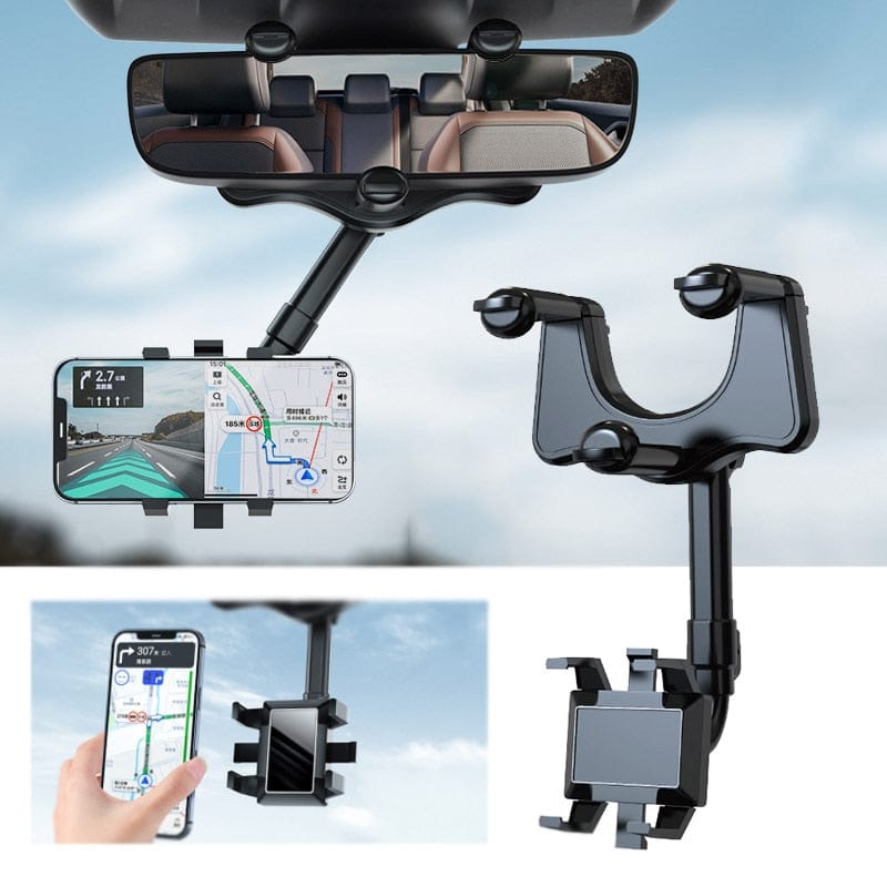 360° Rotatable and Retractable Rearview Mirror Car Phone Holder, Universal Phone and GPS Mount Holder